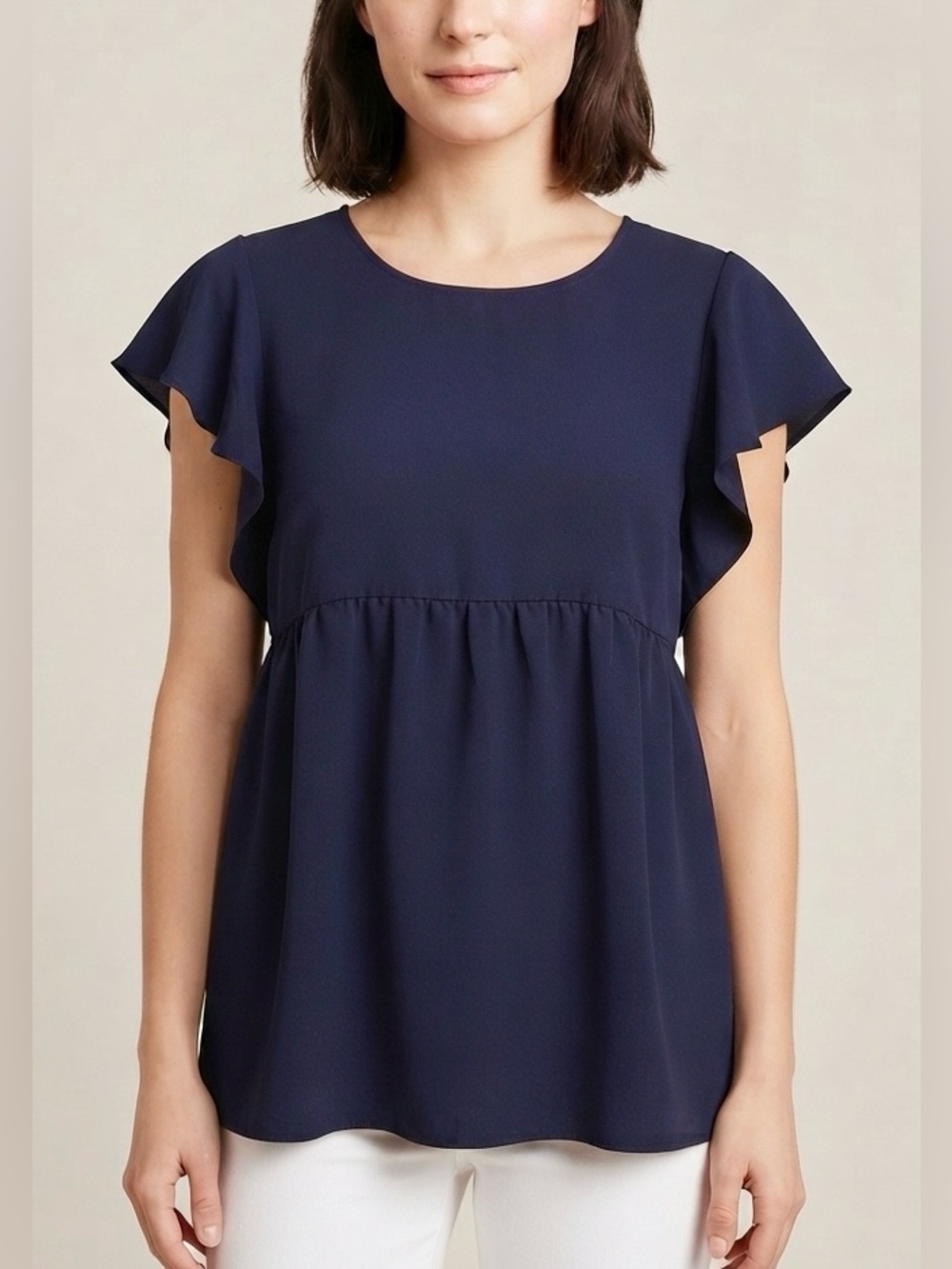 Ces Femme Navy Blue Flutter Sleeve Babydoll Blouse Empire Waist Minimalist